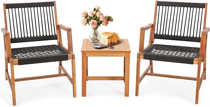 Tangkula 3 Pieces Acacia Wood Outdoor Furniture Set, All-Weather Rope Woven Bistro Set with Armchairs and Coffee Table, Patio Conversation Set for Front Porch, Deck, Balcony
