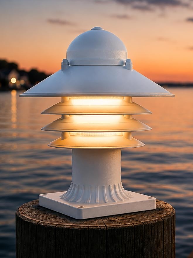 Nautical Pier Mount Outdoor Lighting - Salt-Air Tough Rust-Proof Non-Metallic Coastal Lamps - UL Listed Dock Lights - Patio Fence Deck Porch Lights Outdoor - USA Made, Short, Decorated, White | Anti-Rust Outdoor Coastal Fixture for Pathways & Walkways,...
