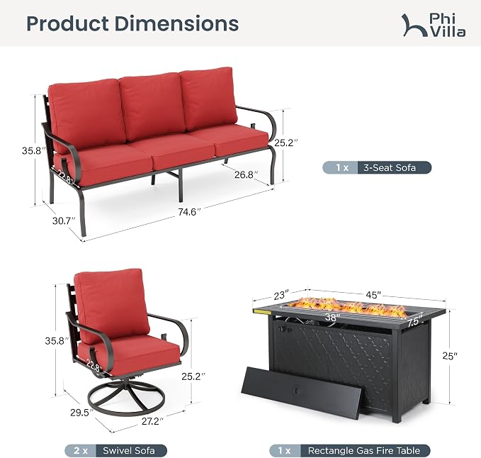 PHI VILLA Patio Furniture Set, 3-Seater Sofa, 2 Swivel Chairs and a 45" Fire Pit Table, Outdoor Metal Conversation Set with 5.75" Extra Thick Cushion for Garden Backyard Deck, Red