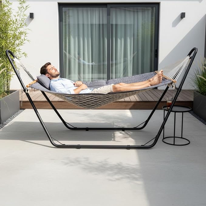 Outdoor Hammock with Stand Set,Double-Barrel Hammocks,Heavy Duty Adjustable Hammock Set,Hammocks Swing Chair Stand,with Soft Pillow,for Outside, Patio, Yard, Garden, Backyard, Camping (Gray)