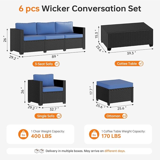 LazySunsets 6-Piece Outdoor Patio Furniture Set, Rattan Outdoor Sectional with Thick Waterproof Cushions, Wicker Ottomans & Waterproof Cover, Patio Conversation Set for Garden, Backyard, Navy Blue