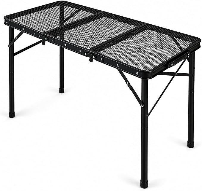 REDCAMP Small Triple fold Folding Grill Table for Outside, 3 Heights Adjustable Lightweight Portable Metal Frame Outdoor Table for Camping Picnic Cooking BBQ, Black, 34x16 inches