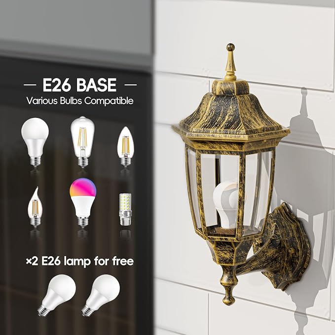 EMART Outdoor Front Porch Light with Bulb, Wall Lamp Fixture(2 Pack, Gold) | Exterior Anti-Corrosion, Waterproof Aluminum & Glass Shades, Modern Sconce Lantern for Outside, House, Garage
