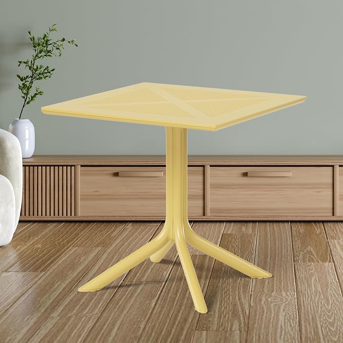 Costaelm Patio Dining Table for 4, Square PP Patio Table, 4-Person Weather Resistant Porch Tables for Outside Poolside Deck Lawn Garden Backyard, Yellow