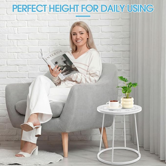 Vercraft Small Outdoor Side Table, 14" Patio Side Tables with Flower Cut Outs Weather Resistant Metal Outdoor End Table for Patio Outside Porch Balconies Garden(White,Fashion)