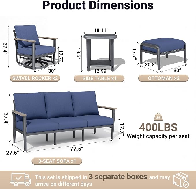 Aluminum Outdoor Patio Furniture Set, 6-Piece Outdoor Sofa with 5.1" Thick Cushions, Swivel Rocking Chairs, Outdoor Couch with Ottomans, for Porch, Garden, Navy Blue