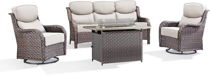 Luxury Patio Furniture Set with 6-inch Thick Cushion, Outdoor Furniture with Fire Pit Table, Swivel Chairs, Sofa, 4pcs Wicker Conversation Set for Deck Yard and Poolside(Brown Wicker | Beige Cushion)
