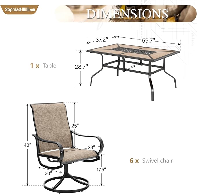 Sophia & William Patio Dining Sets Outdoor Dining Set for 6 Patio Table and Chairs Set 7 Pieces with Swivel Patio Chairs, 60"x 38" Wood Like Metal Table for Garden Pool All Weather Brown