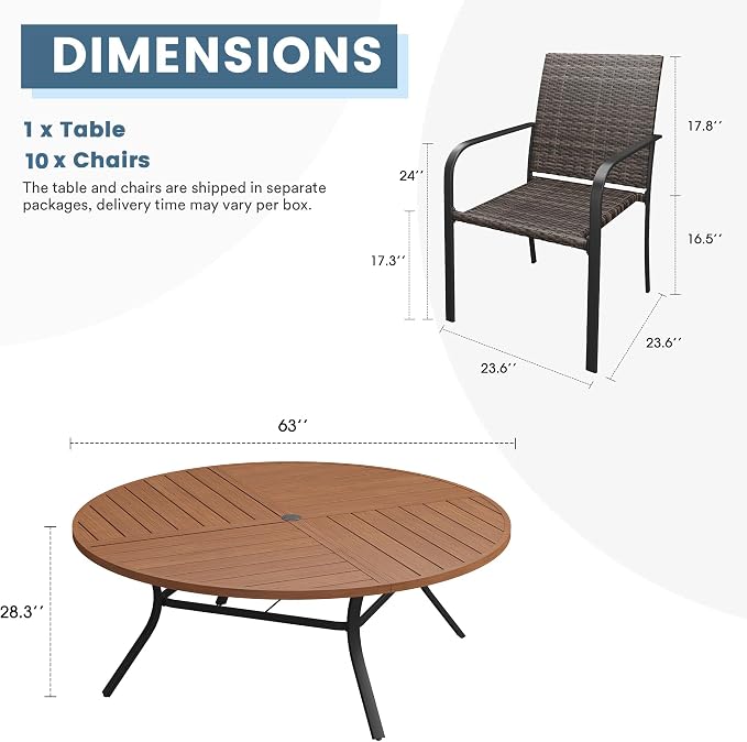 DIFY 11 Piece Outdoor Dining Set for 10, 63" Walnut Round Metal Dining Table with Umbrella Hole and Stackable Wicker Patio Chairs, All-Weather Patio Table and Chairs Set for Deck Garden Backyard