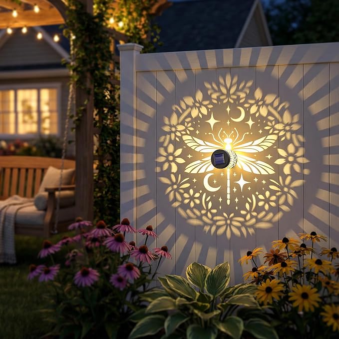 2 Pack Solar Fence Lights Metal Solar Powered Outdoor Wall Deck Step Lights Dragonfly Floral Theme Waterproof Fence Light for Garden Post Patio Backyard Yard Decor, Gardening Gifts for Women Mom