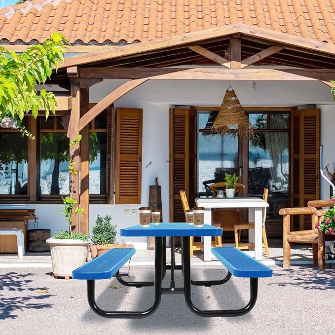 6 ft Outdoor Picnic Table with Umbrella Hole, Heavy-Duty Steel Frame, Rectangular Weather-Resistant Dining Table for Backyard, Patio & Garden, Blue