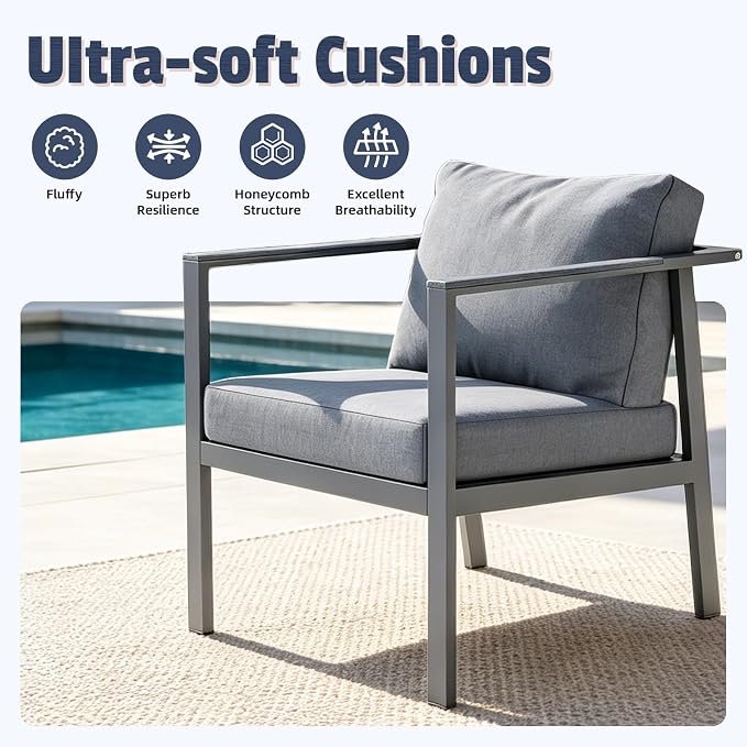 Aug-guan Aluminum Patio Furniture Set 4 Piece, Outdoor Conversation Set with 5" Cushions, Olefin Fabric, Rustproof Frame, Non-Slip Feet, Compact Patio Sofa Set for Balcony, Backyard, Porch,Grey