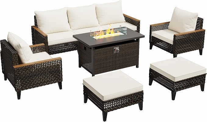 8Piece Patio Furniture Set with 50000 BTU Propane Fire Pit Table, All-Weather Wicker Rattan Outdoor Sectional Sofa Set with High Back and Thick Cushions for Garden, Porch, Poolside, Beige