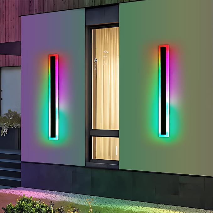 23.6inch Outdoor Modern Wall Light, 10 Colour RGB Dimmable Long Wall Sconce, IP65 Waterproof Simple Acrylic Exterior Garage Lighting Fixtures for Patio House Garage, Front Door, Porch