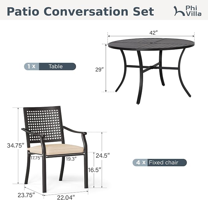 PHI VILLA Outdoor Dining Set for 4, 42" Round Metal Table w/Umbrella Hole | 5 pcs black wrought iron furniture set w/ cushions. All weather for patio, deck, yard, porch
