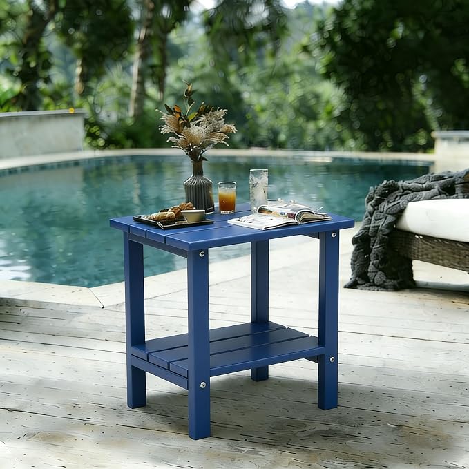 OTSUN Double Layer Outdoor Side Tables, HDPE Weather Resistant Square Bedroom Living Room Small Table Nightstands Suitable for Sofa Couch Dining Pool & Patio (Dark Blue)