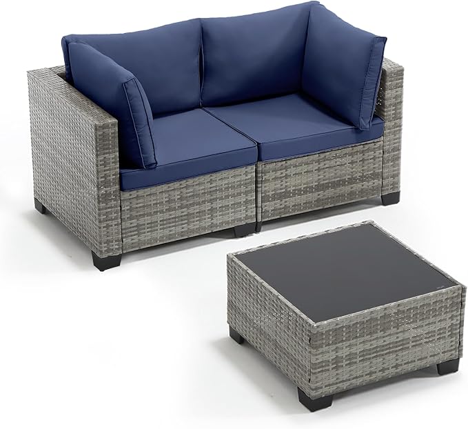 ANJ 3 Piece Outdoor Wicker Patio Furniture Set, Modular Loveseat Sofa with with Glass Top Coffee Table, All-Weather Rattan Conversation Couch Set for Balcony, Backyard, Light Grey Wicker-Blue