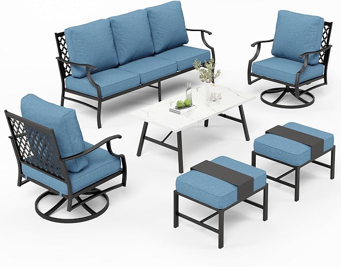 MIXPATIO Patio Furniture Set 6 pcs, Outdoor Patio Furniture, 3-Seat Sofa, 2 Swivel Chairs, 2 Ottomans, Coffee Table and 5.75" Extra Thick Cushion, Conversation Set for Backyard Deck, Navy Blue