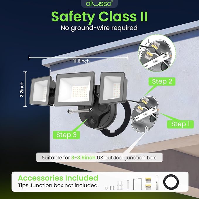 ALUSSO Dusk to Dawn Outdoor Lighting Hardwired(Not Solar), Flood Lights Outdoor 120V 40W 4000LM, 3CCT 3000K/4000K/6000K 3 Heads Security Light for Garage Yard Walkway, ETL, Dusk to Dawn Black, 1pack