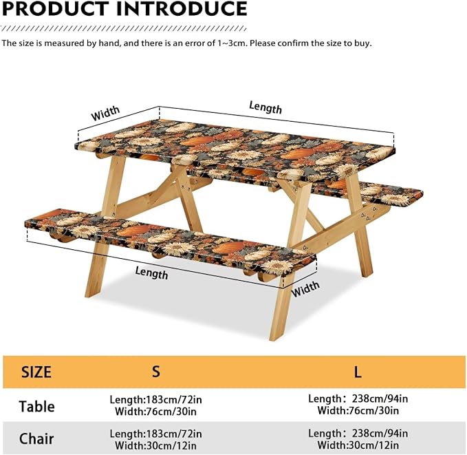 Pumpkin Picnic Table Cover with Bench Covers, Fall Harvest Fitted Table Cover, Outdoor Patio Camping Essentials 3PCS Waterproof Camping Fitted Tablecloth for Thanksgiving