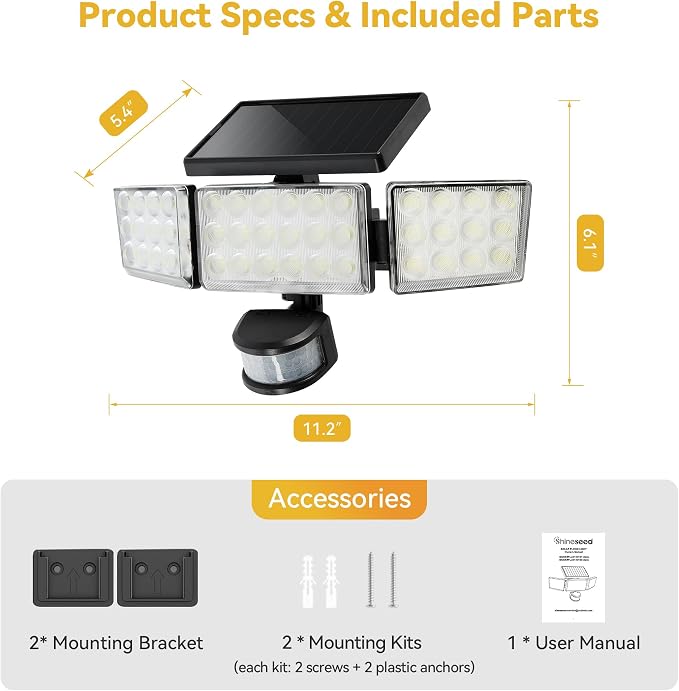 Solar Lights Outdoor, 3500LM 168 LED Motion Sensor Solar Flood Lights, 3 Heads 300° Wide Angle, 3 Modes IP65 Waterproof Solar Security Lights for Yard Garden Patio, 2 Pack (Black)