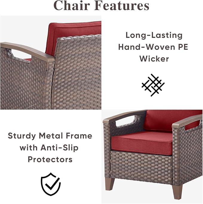 Rilyson Wicker Outdoor Patio Furniture Set of 3, 3 Piece Patio Conversation Set with 2 Chairs and Side Table, Thick Cushions, Deep Seating, for Porch Deck Garden Brown/Red