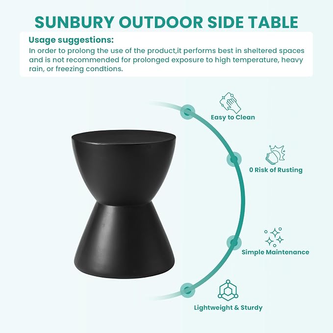 SUNBURY Outdoor Side Table Concrete, 19" H Outdoor End Tables Geometric Hourglass Shaped, Lightweight Round Accent Table, Decorative Modern Garden Stool for Patio, Backyard, Black