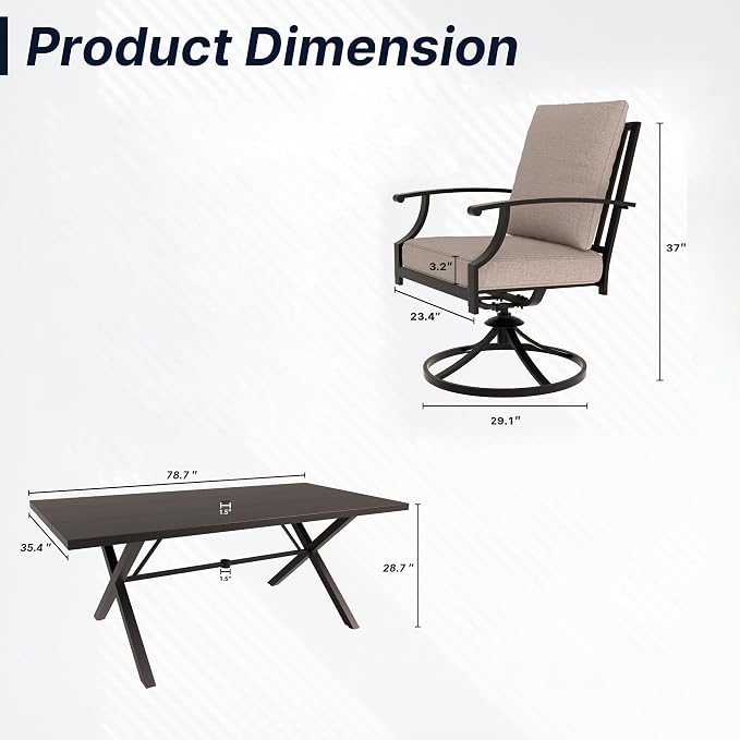 7 PCS Outdoor Patio Dining Set,Patio Table and Chairs Metal Outdoor Patio Furniture Set with Umbrella Hole,Dining Table Set with 6 Swivel Chairs for Deck,Backyard and Garden,Brown