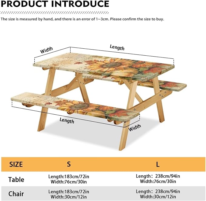 Sunflower 3 Pcs Picnic Table Cover with Bench Covers 3 Piece Set 30 x 94 Inch Picnic Foldable Picnic Table and Bench Fitted Tablecloth Cover for Outdoor BBQ Holiday Party Camping