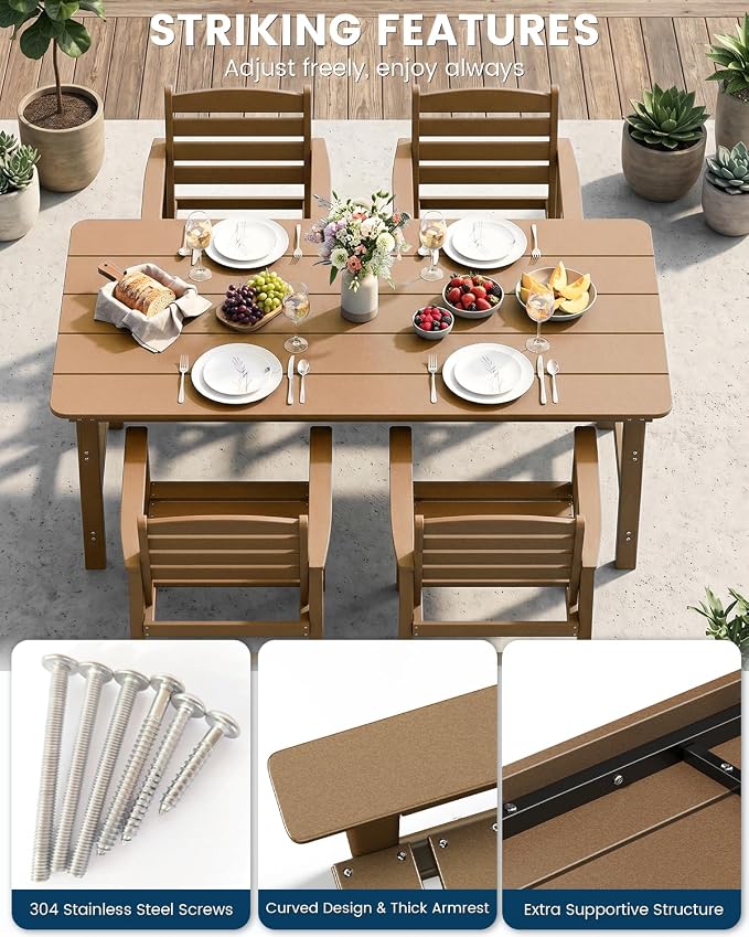 FOOWIN Outdoor Table and Chairs Set 5-Piece HDPE All Weather Patio Dining Set with Umbrella Hole,Outdoor Patio Furniture Dining Set for 4,Patio Kitchen Table Set for Garden,Backyard,Poolside, Teak