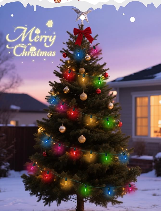 26Ft C7 LED Multicolor Christmas Lights Outdoor, Vintage Christmas String Lights with 27 Clear Colored LED Bulbs, Hanging Old Fashioned Xmas Decorations for Outside Holiday Party Garden, Green Wire