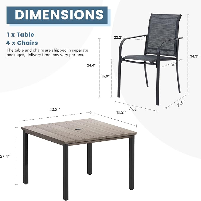 DIFY 5 Pieces Outdoor Patio Dining Set for 4, 40.2" Grey Wood-Like Square Metal Dining Table and 4 Grey Stackable Textilene Patio Chairs, Outdoor Table and Chairs for Backyard Garden Poolside