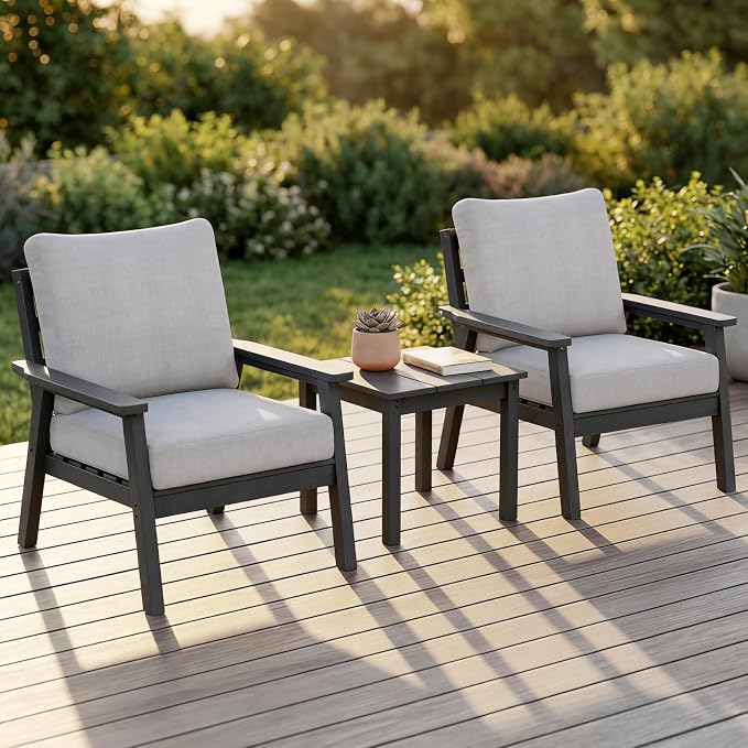 LOUNZY HDPE Patio Conversation Set, 3 pcs Sectional Outdoor Furniture Set, All Weather Outdoor Couch Set Patio Furniture Set for Deck, Lawn, Black