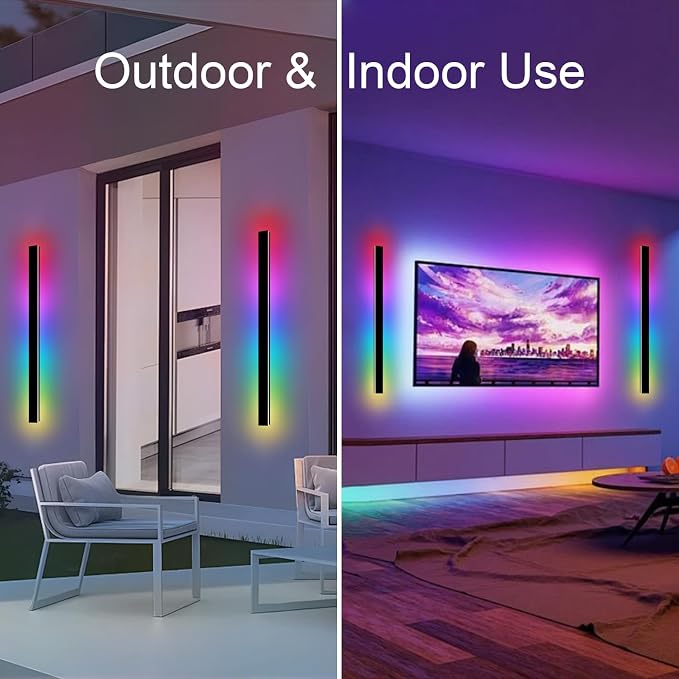 RGB Outdoor Wall Lights, Ip65 Waterproof Linear Led Modern Wall Sconce, 7 Colors and 358 Light Effects, Dimmable with Remote Modern Linear Exterior Light Fixture 59 inch (2 Pack)