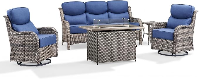 Luxury Patio Furniture Set with 6-inch Thick Cushion, Outdoor Furniture with Fire Pit Table, Swivel Chairs, Side Table, Sofa, 5pcs Wicker Conversation Set (Grey Wicker/Blue Cushion)