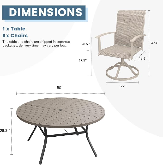 DIFY 7 Pieces Outdoor Dining Set, Metal Patio Table and Chairs Set for 6 with Umbrella Hole, 50" Grey Wood-Like Round Table and Sandshell Textilene Swivel Patio Chairs for Garden, Backyard, Poolside