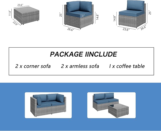 Shintenchi 5 Pieces Outdoor Patio Furniture Sets, Patio Sectional Sofa Couch, Gray PE Wicker Furniture Modular Patio Conversation Sets Patio Sofa with Washable Cushions & Table(Aegean Blue)