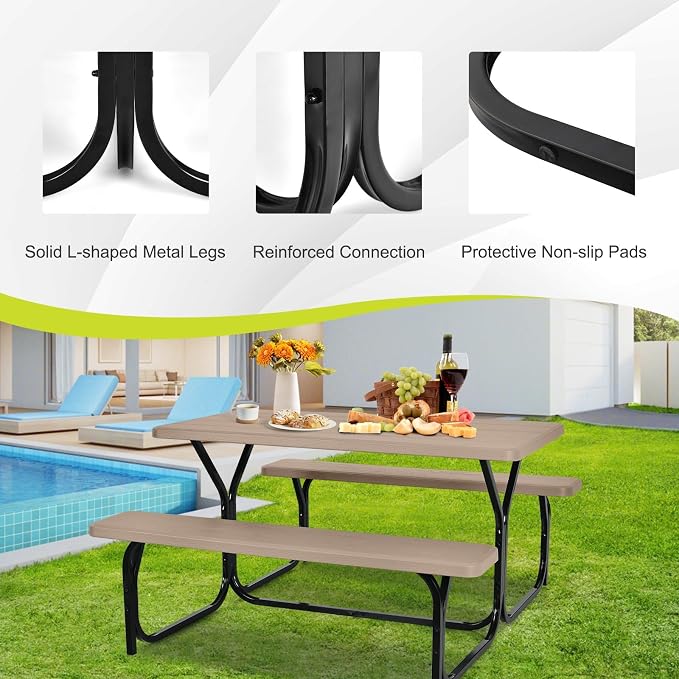 HAPPYGRILL Outdoor Picnic Table Bench Set with Metal Frame, Camping Table Set for Patio Backyard Poolside Garden Dining Party