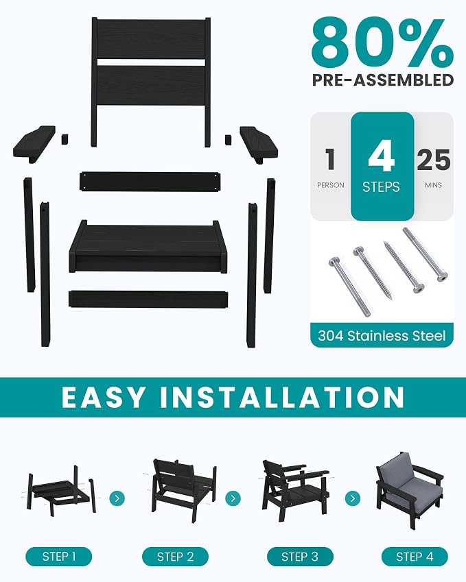 SERWALL HDPE Outdoor Furniture Set, 2 Piece All Weather Wood-Like Outdoor Sofa Sectional Couch, Black Frame and Grey Cushion