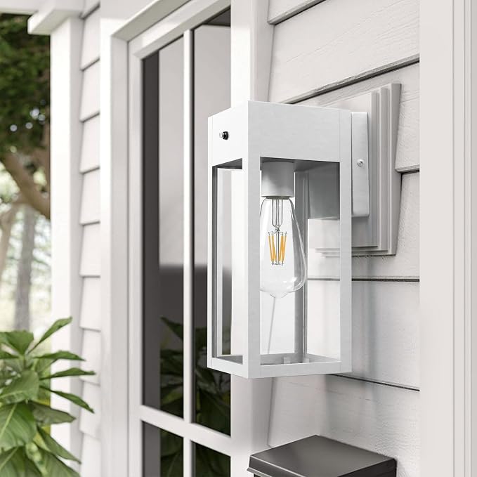 Dusk to Dawn Outdoor Light Fixtures Wall Mount, Outdoor Porch Lights with Outlet, Dusk to Dawn Outdoor Lighting for Doorway, Garage- White