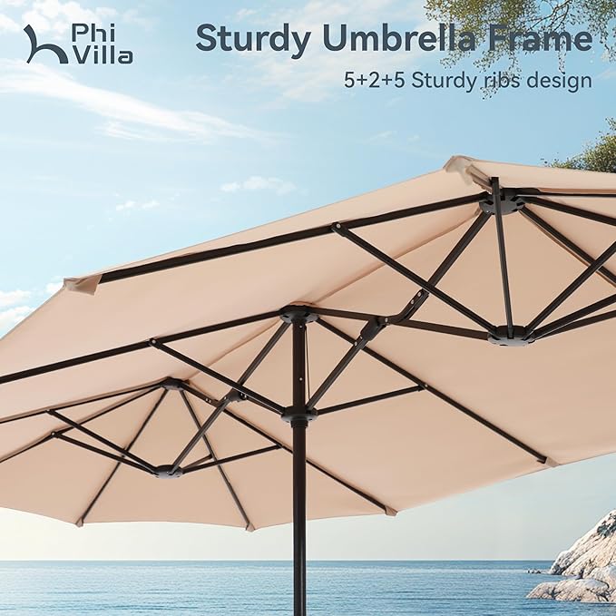 PHI VILLA 8 Piece Outdoor Dining Set with 13ft Patio Umbrella (Beige), 6 Patio Padded Swivel Dining Chairs & 1 Large Metal Dining Table for Lawn Garden Backyard (No Umbrella Base)