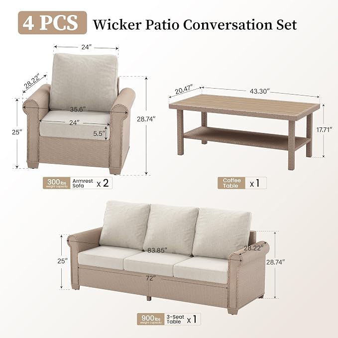 SUNSHINE VALLEY Patio Furniture Set, Wicker Rattan Outdoor Furniture Set with 5.5 Inch Thick Cushions, 2 Chairs and Fire Pit Table, 4 Pieces 5 Seats Patio Conversation Set for Backyard Deck, Beige