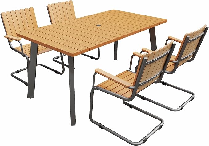 5 Piece Outdoor Conversation Set for 4, HDPE Patio Seating Set with Table and Chairs, All-Weather Outdoor Lounge Furniture with Umbrella Hole for Garden, Porch, Poolside, Gray & Teak
