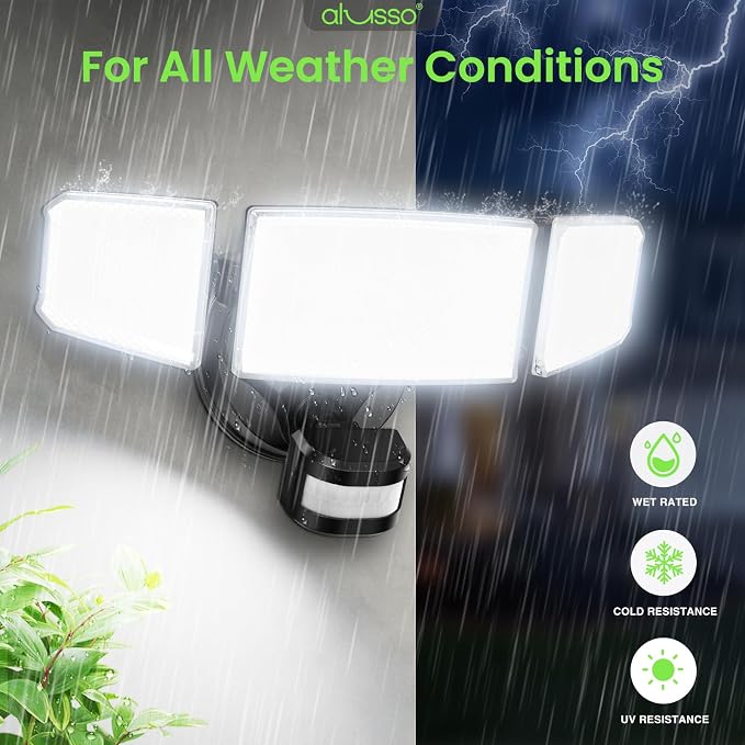 ALUSSO Motion Sensor Outdoor Lights Hardwired(Not Solar),Flood Lights Outdoor 120V, Dusk to Dawn/Auto/On Time, 3CCT 3000K/4000K/6500K Security Light,ETL,3 Modes Metal Black 60W 6000LM