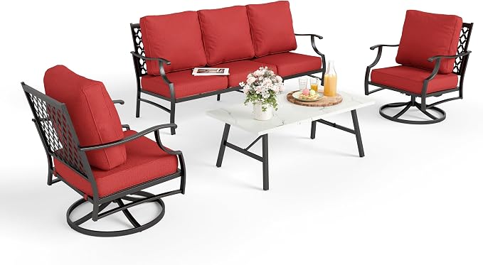 MIXPATIO Patio Furniture Set 4 pcs, Metal Outdoor Patio Furniture, 3-Seat Sofa, 2 Swivel Chairs, Coffee Table and 5.75" Extra Thick Cushion, Patio Conversation Set for Backyard Deck, Red-Orange
