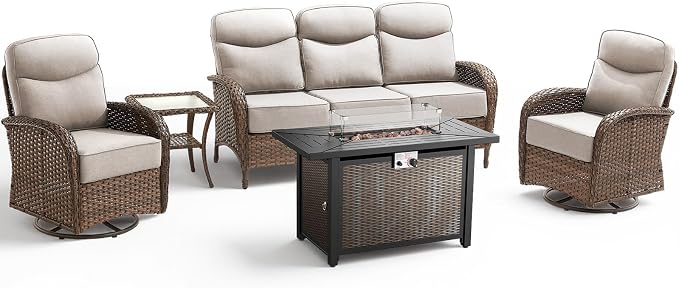 Luxury Patio Furniture Set with 42.5" Fire Pit Table, 6-Inch Thick Cushions Wicker Outdoor Furniture with High Back Swivel Patio Chairs Set of 2, Patio Conversation Set for Deck Garden Porch, Gray