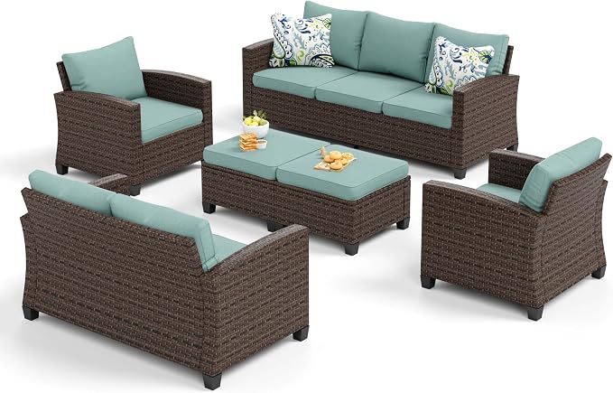 SUNSHINE VALLEY Patio Furniture Set Outdoor Furniture Brown Wicker Rattan Patio Conversation Sets with Cushion Outside Sofa Set,6 Pieces 9 Seats,Blue
