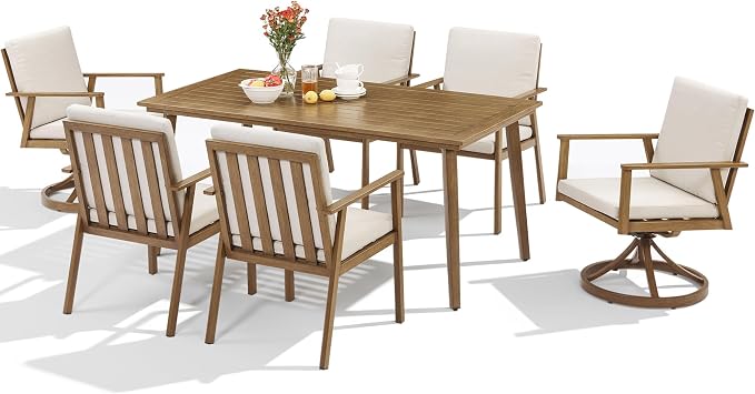 7 Pieces Patio Dining Set for 6, Aluminum Outdoor Dining Table Sets with Umbrella Hole, Modern Outdoor Furniture Set with 2 Swivel Chairs, 4 Dining Chairs and Table for Backyard Poolside,Teak