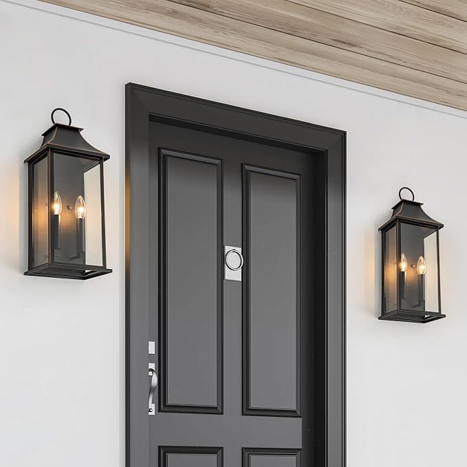 Dusk to Dawn Outdoor Wall Light, 20.6 Inch, Black with Brown Trim | Modern Exterior Light Fixture, Large Outside Wall Lantern Sconce, for House, Porch, Garage