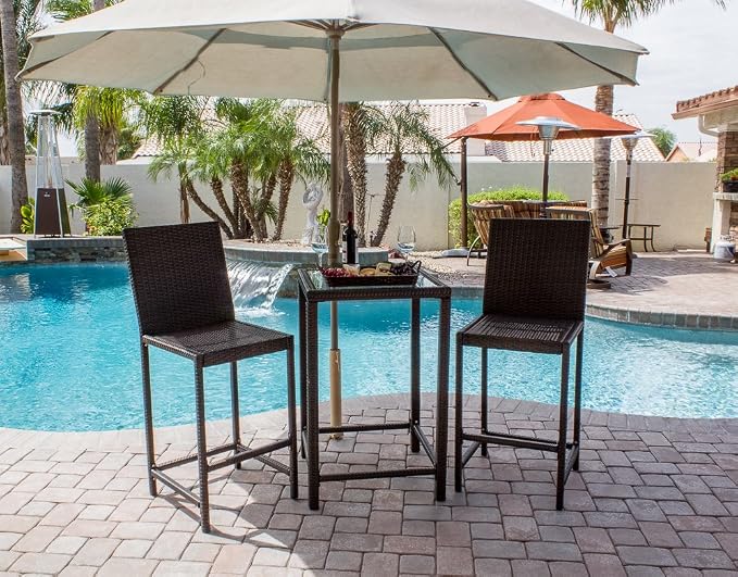 Hiland AW-226B 3 Piece Woven Resin Wiker Outdoor Furniture Bar Chair and Table Set, Medium, Dark Brown